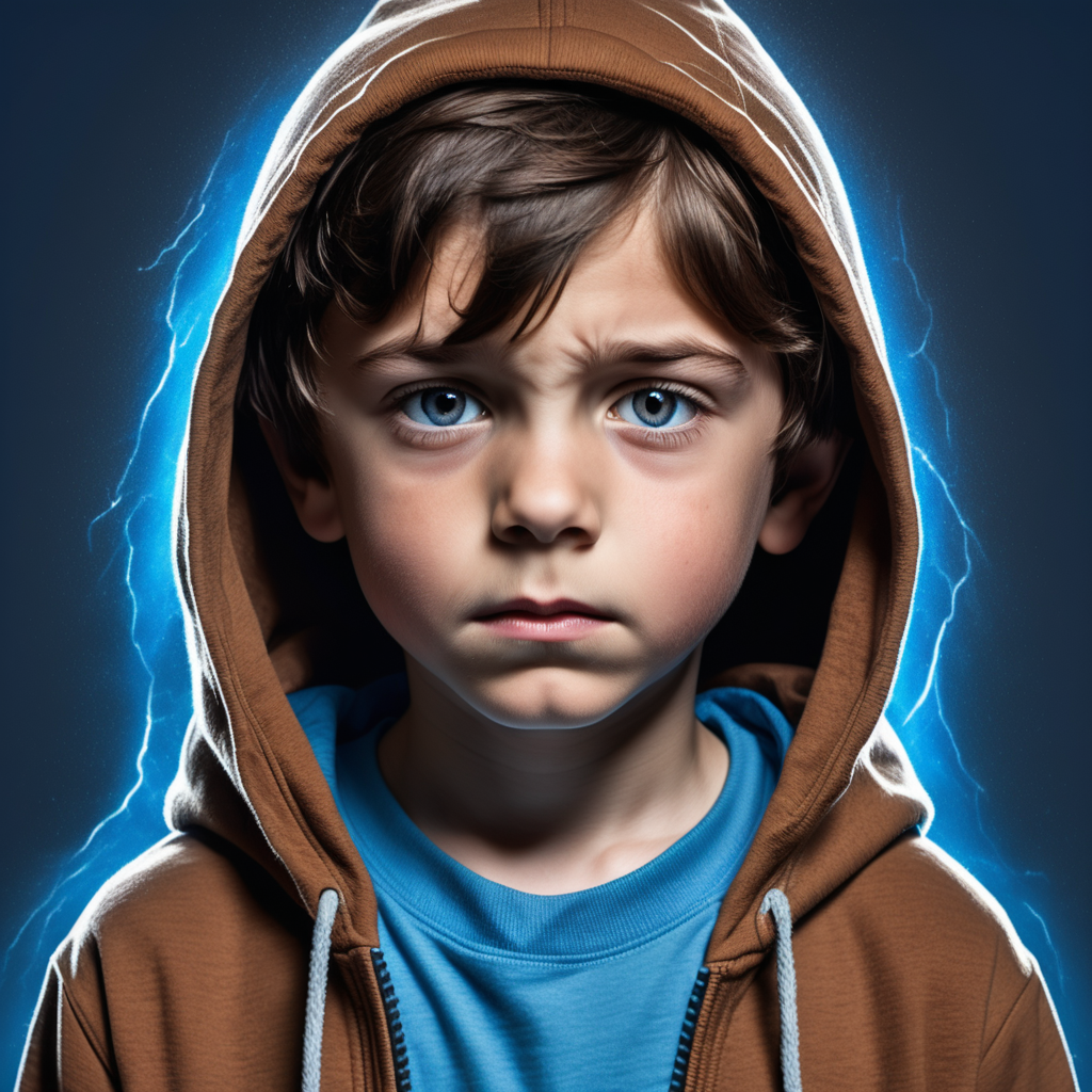 Sad 7-year-old brunette boy with short hair, wearing a brown zip-up hoodie and blue t-shirt underneath. With a big blue aura around him




