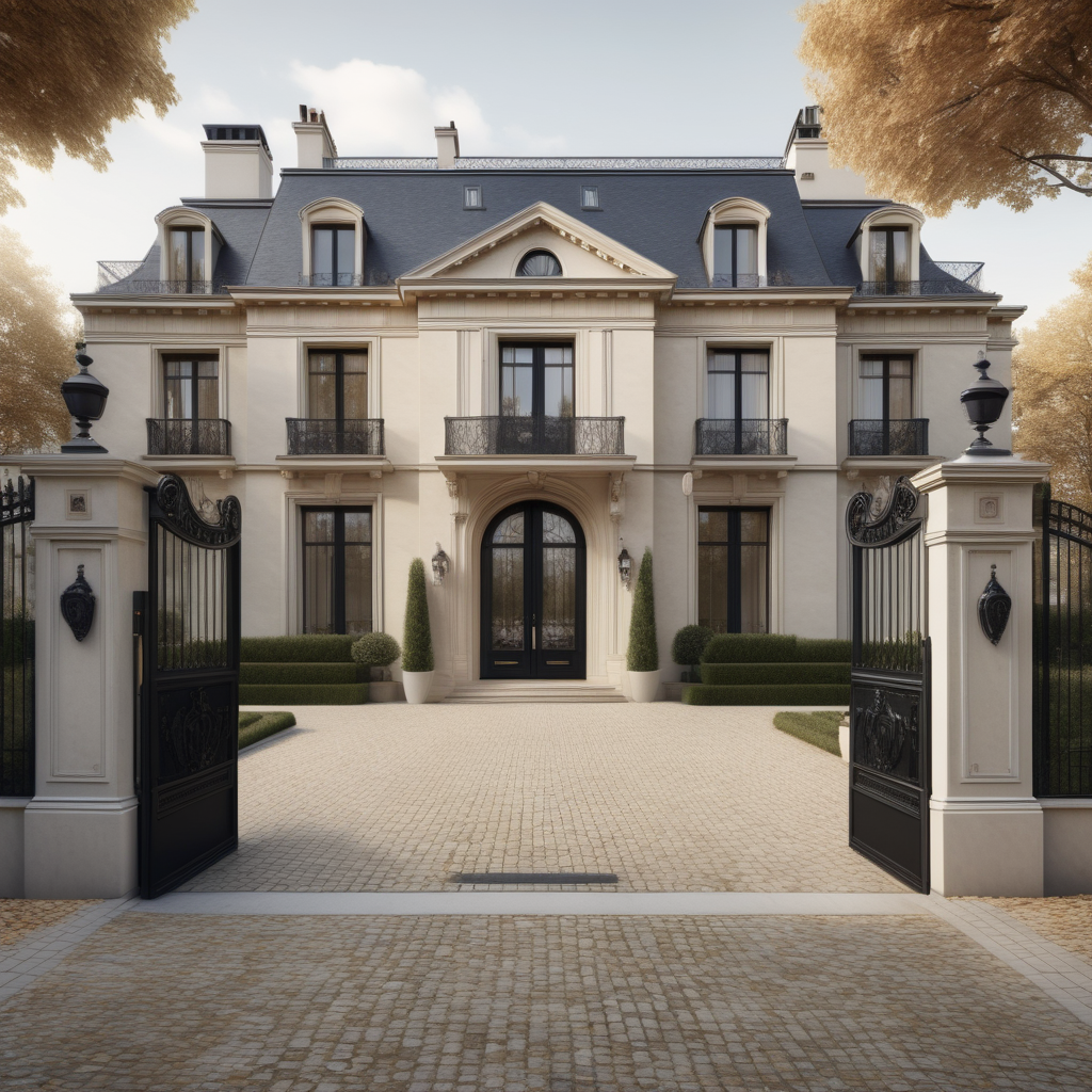 a hyperrealistic of a grand modern Parisian estate home from the outside with a great wide cobblestone driveway with black wrought iron gates  a white Rolls Royce Phantom in the driveway, in a beige oak brass colour palette --no visible homes nextdoor
