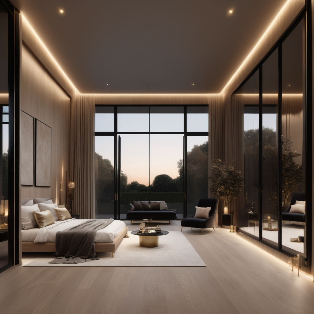 a hyperrealistic of a Modern Parisian estate home wellness room with mood lighting and floor to ceiling windows in a beige oak brass and black colour palette 
