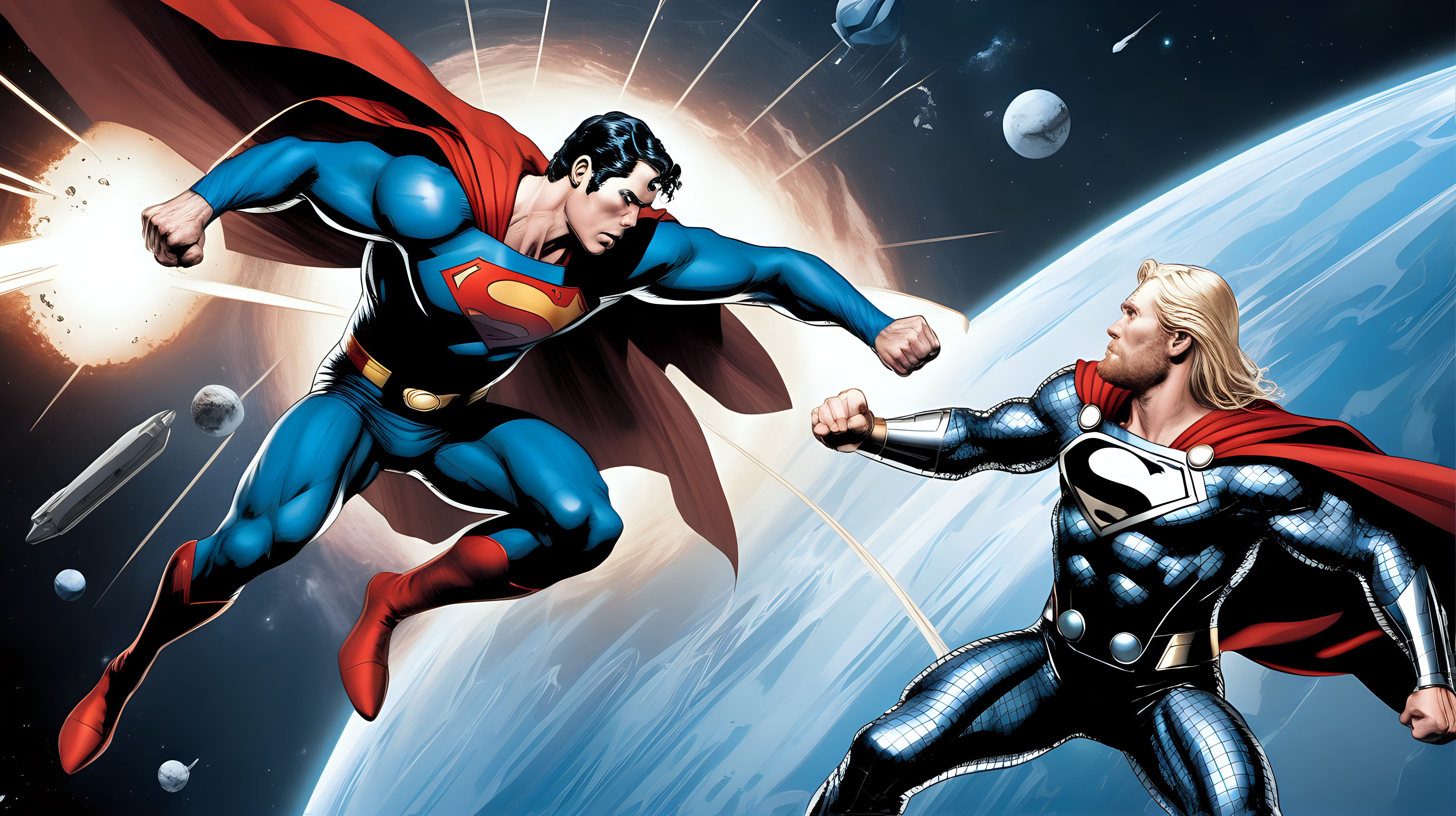 Superman fights Thor in space
