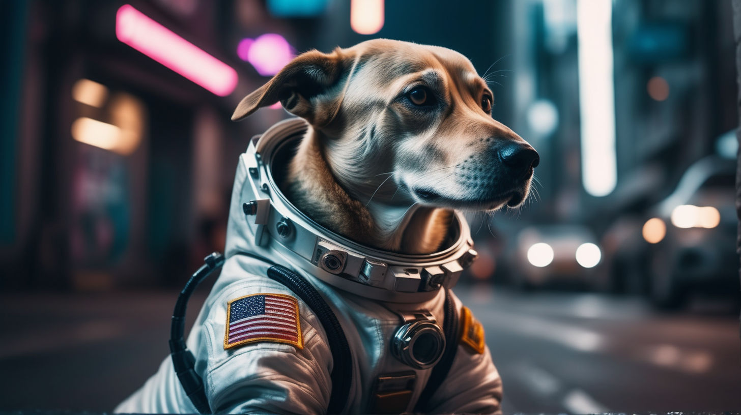 the photo is taken in a cyberpunk city. an astronaut dog sitting on the street. The lighting in the portrait should be dramatic. Sharp focus. A perfect example of cinematic shot. Use muted colors to add to the scene.