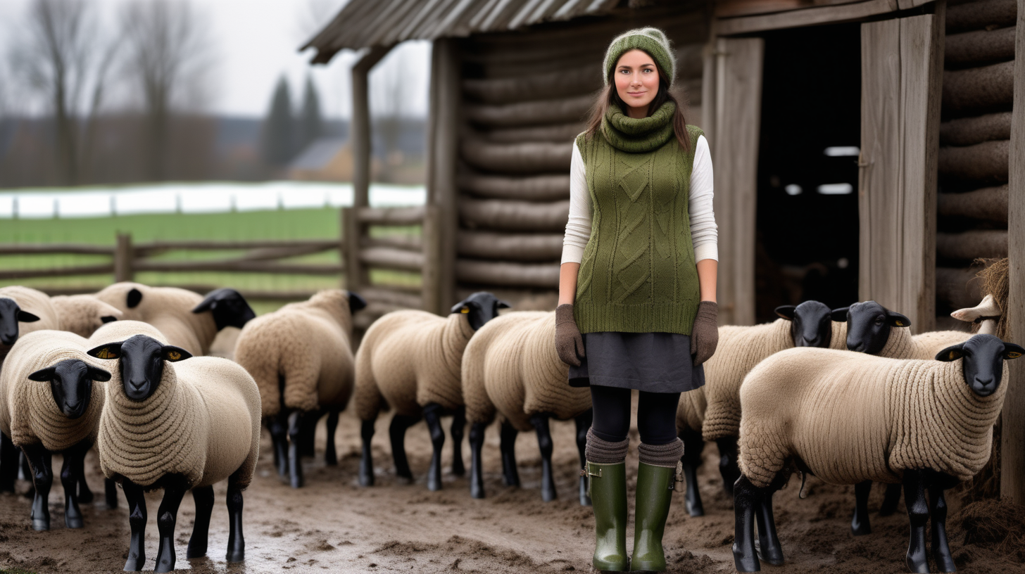 A beautiful peasant woman with long black hair and green eyes works in the pen in front of the barn. The peasant woman wearing black short rubber rain boots.Around her are seeps- black and brown. Earth is  transformed  in deep mud mud. The barn is surrounded by a fence of old wooden posts and wire mesh. It's winter, everything is covered with a thick layer of snow. Mud and snow mix.  Brown coarsely knitted woolen socks stick out from them - up to the middle of the leg and. On top of them, to keep her warm, she has put on green - brown, very wrinkled and crumpled woolen knitted gaiters. It is worn with thick elastic leggings, over it there is a short knitted skirt in black and brown. A chunky brown-gray wool sweater with a chin-high collar is snug around her. over it she wore an off-white furry sleeveless sweater with a triangle neckline. Above all this is a open short  quilted waistcoat in green. On his head he wears a thick knitted woolen gray hat . He also has a thick scarf sloppily draped around his neck. He also wears gray knitted woolen gloves. across the waist, a thin hemp rope is wrapped 6-7 times and tied with knot.