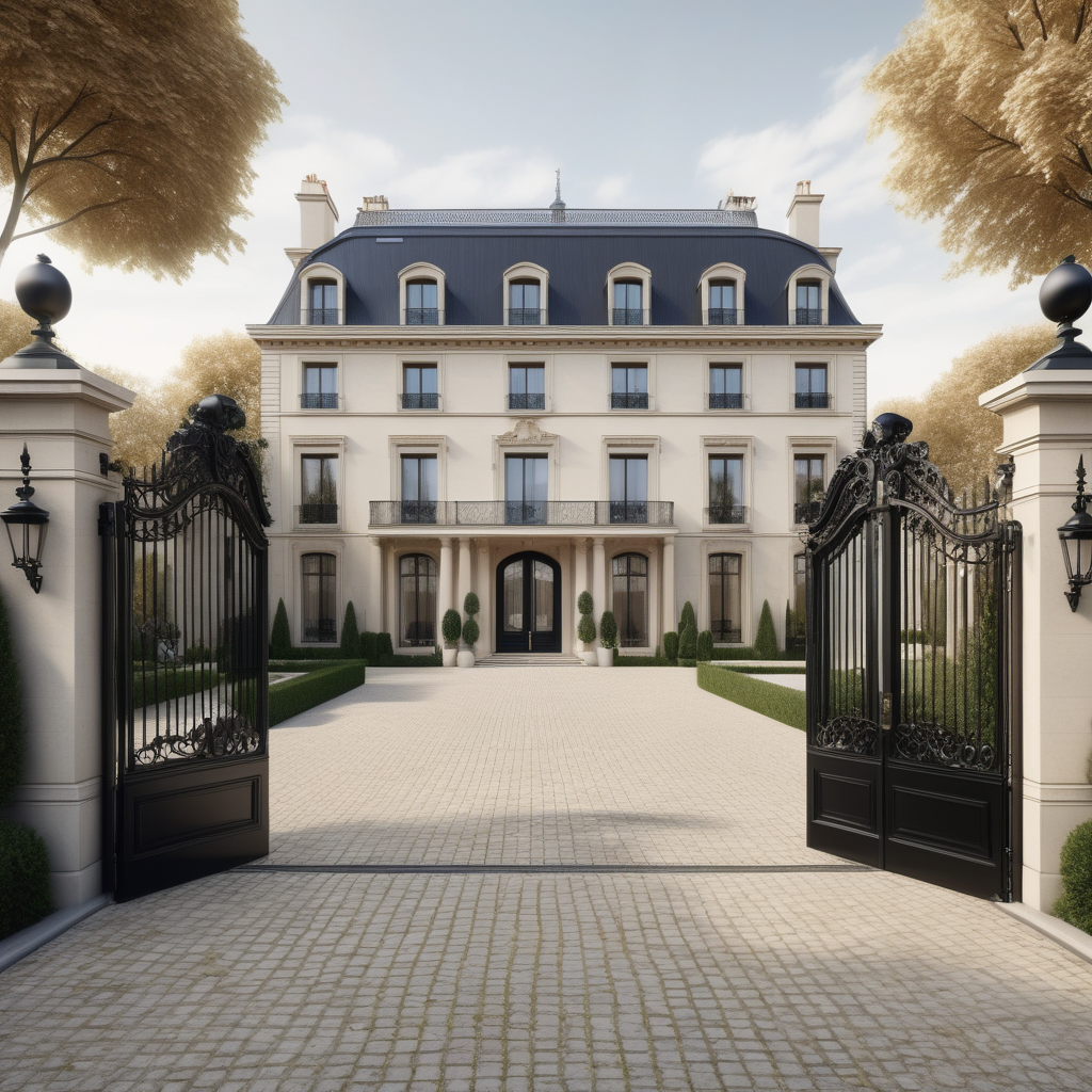 a hyperrealistic of a grand modern Parisian estate home from the outside with a great wide cobblestone driveway with black wrought iron gates  a white Rolls Royce Phantom in the driveway, in a beige oak brass colour palette --no visible homes nextdoor
