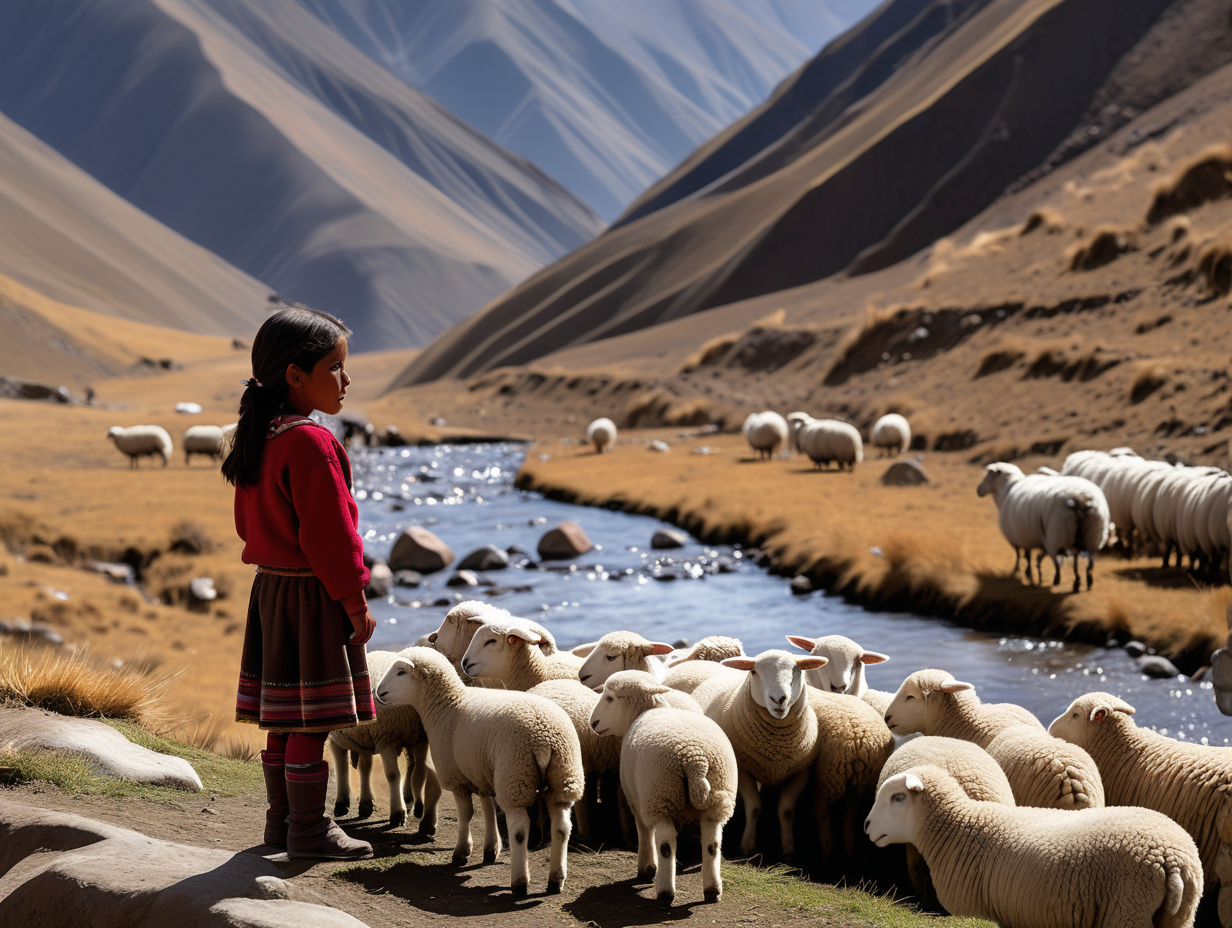 a lonely 8 year old andean girl watching a small herd of sheep in the peruvian andes near a small stream  in the morning sun

