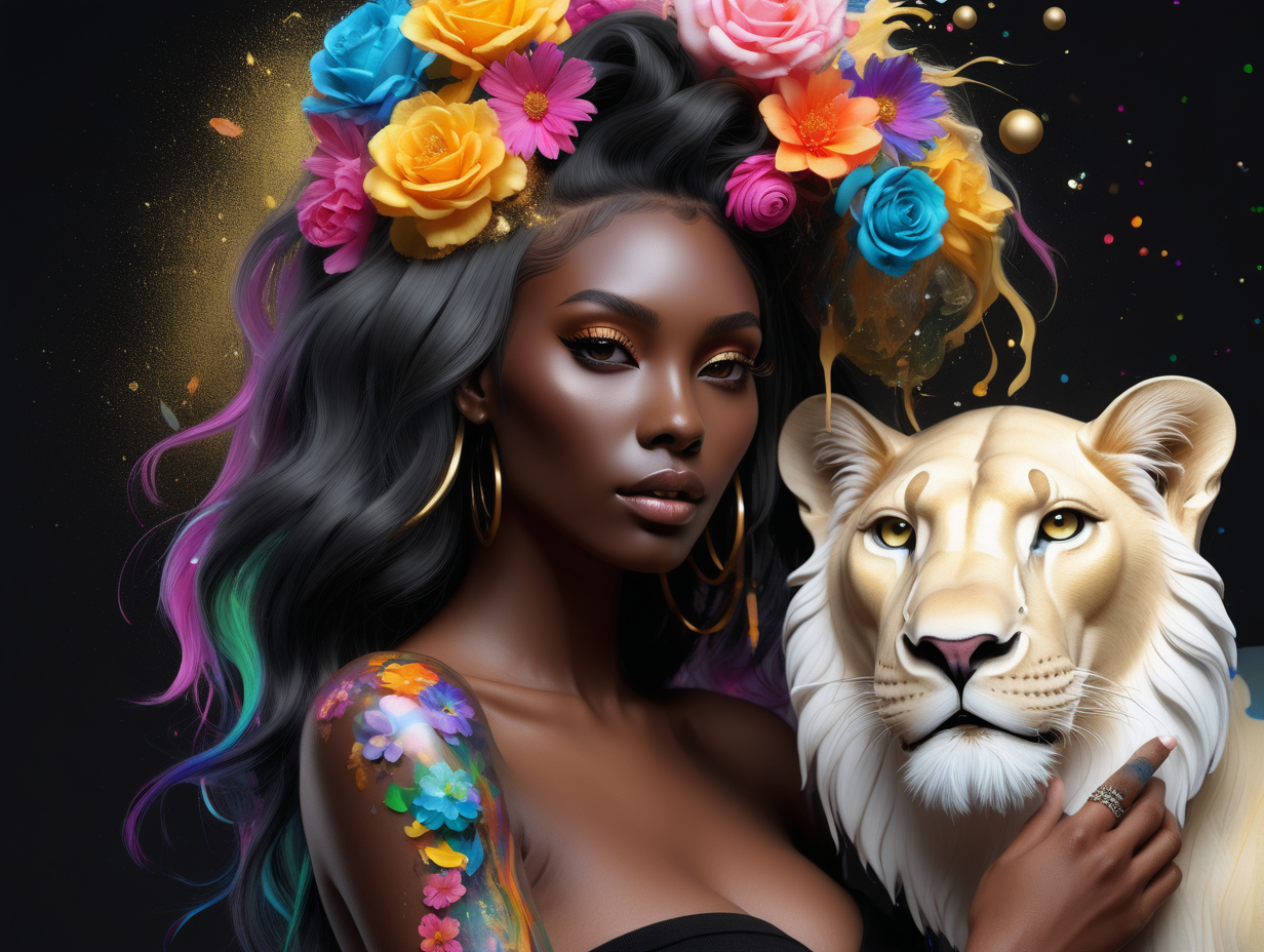 abstract exotic black Model with soft colorful flowers the colors leak into her hair. 
 add She is holding a toy top in gold
she is looking at realistic white 
lion
Add see through crystal balls floating in the air
add tattoos on her arms and shoulder