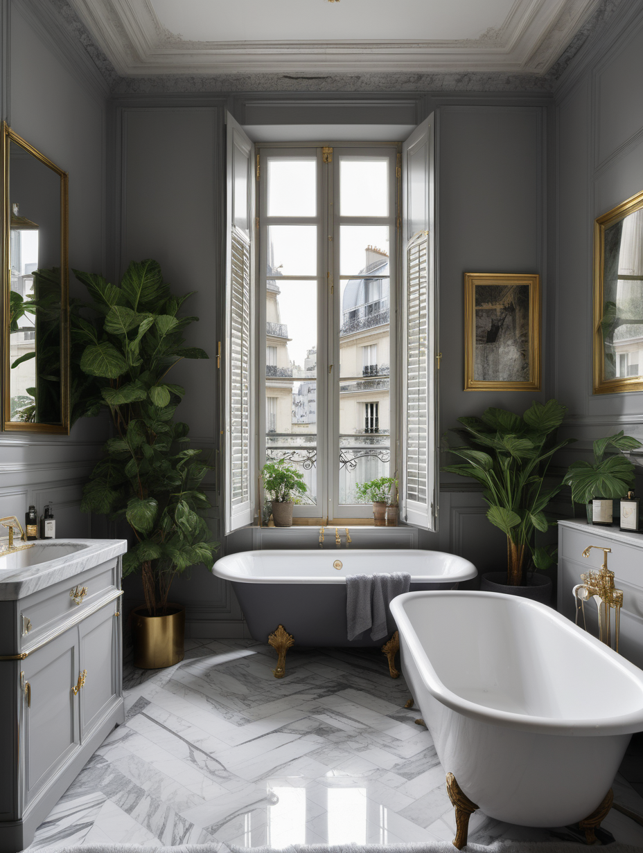 paris interior bathroom with window, marble floor tiling 30*30 sentimeters diagonal layout, separate marble bath in front of the window, brass heated towel rail, brass vintage handles on the window, a lot of plants under the bath, open Premier French Grey Shutter