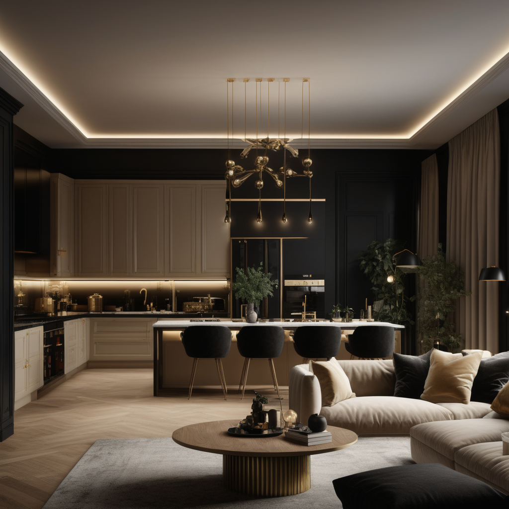 a hyperrealistic image of a grand modern Parisian  open plan living room kitchen and dining room,  at night with mood lighting  in beige, oak, brass and black

