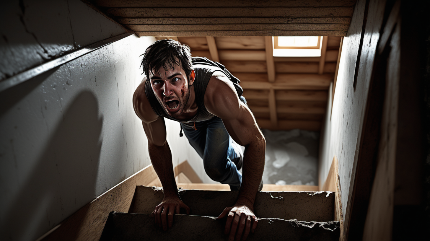 /imagine prompt: realistic, personality: [Illustrate the guy climbing back upstairs from the crawlspace. Their face is filled with a mix of relief and lingering fear. The camera captures their shaky steps and sweaty forehead, conveying the intensity of their experience in the crawlspace] unreal engine, hyper real --q 2 --v 5.2 --ar 16:9