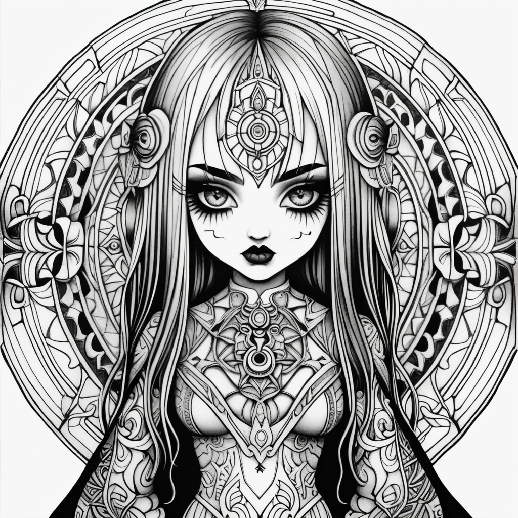 adult coloring page, black & white, strong lines, high details, symmetrical mandala, evil gothic girl doll full body