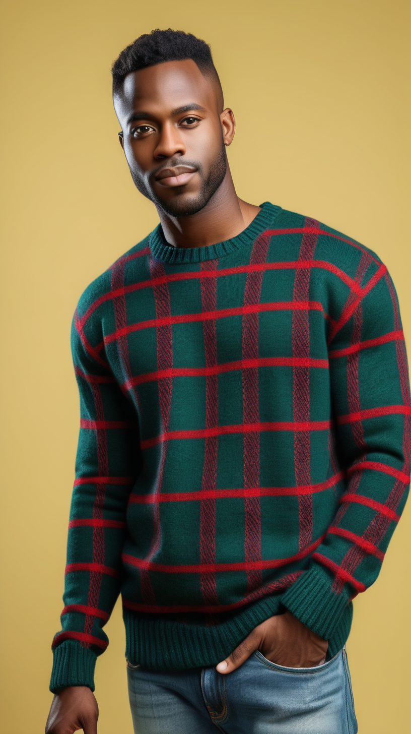 An attractive black man, wearing a  Green knit sweater, wearing a red plaid shirt, wearing a pair of faded blue denim jeans,  with a light yellow background, 4k, high definition, ultra high resolution full detail from the waist up