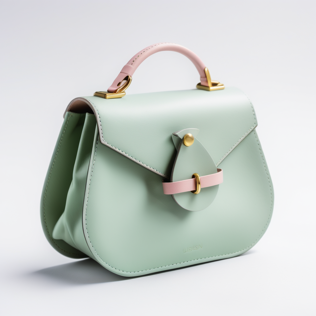 Optical illusione inspired luxury small leather bag - one handle - innovative shape - metal buckle - frontal view - pastel green shades