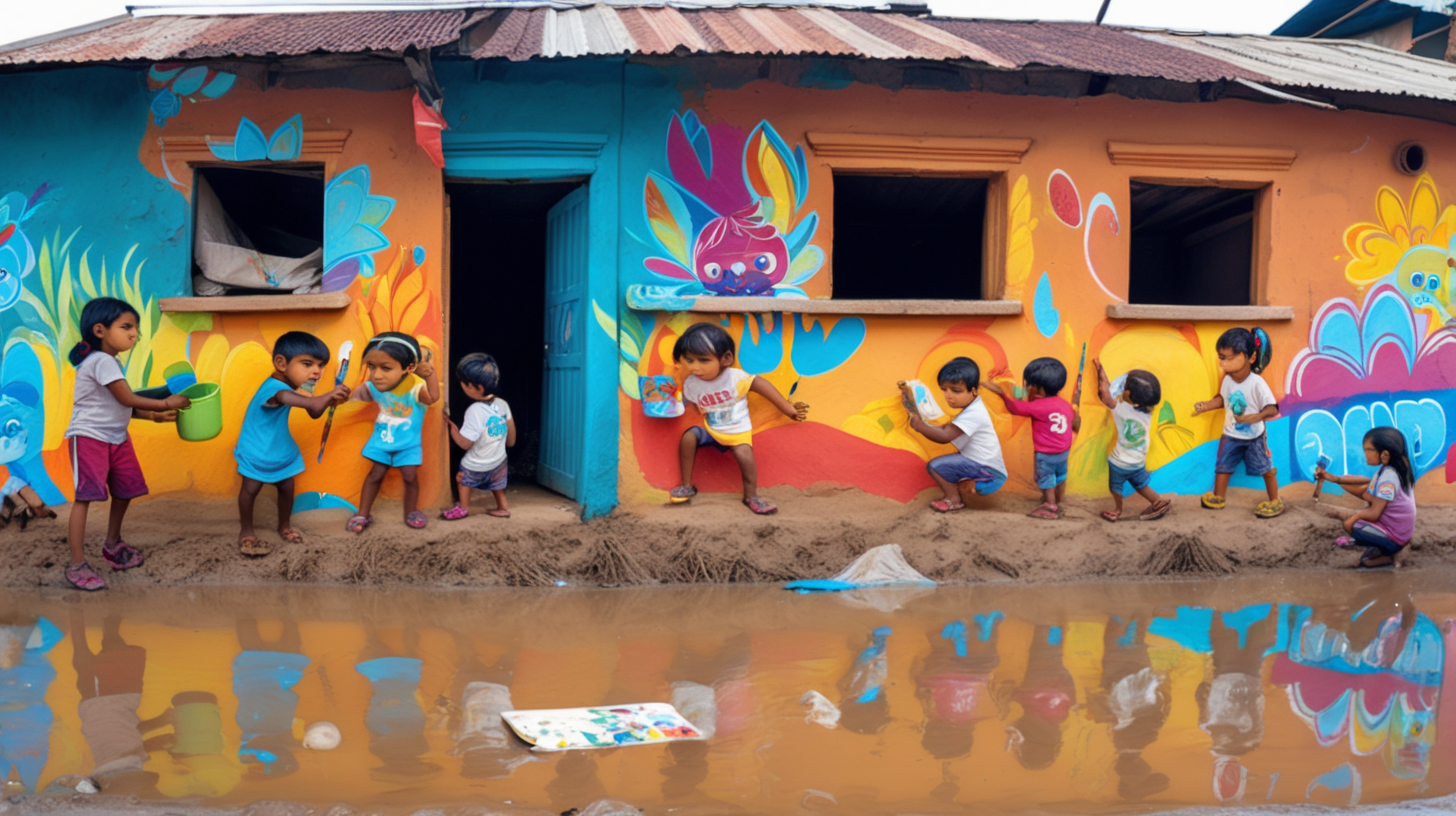 cartoon kids painting colorful murals on the walls of muddy houses left behind by the flood.