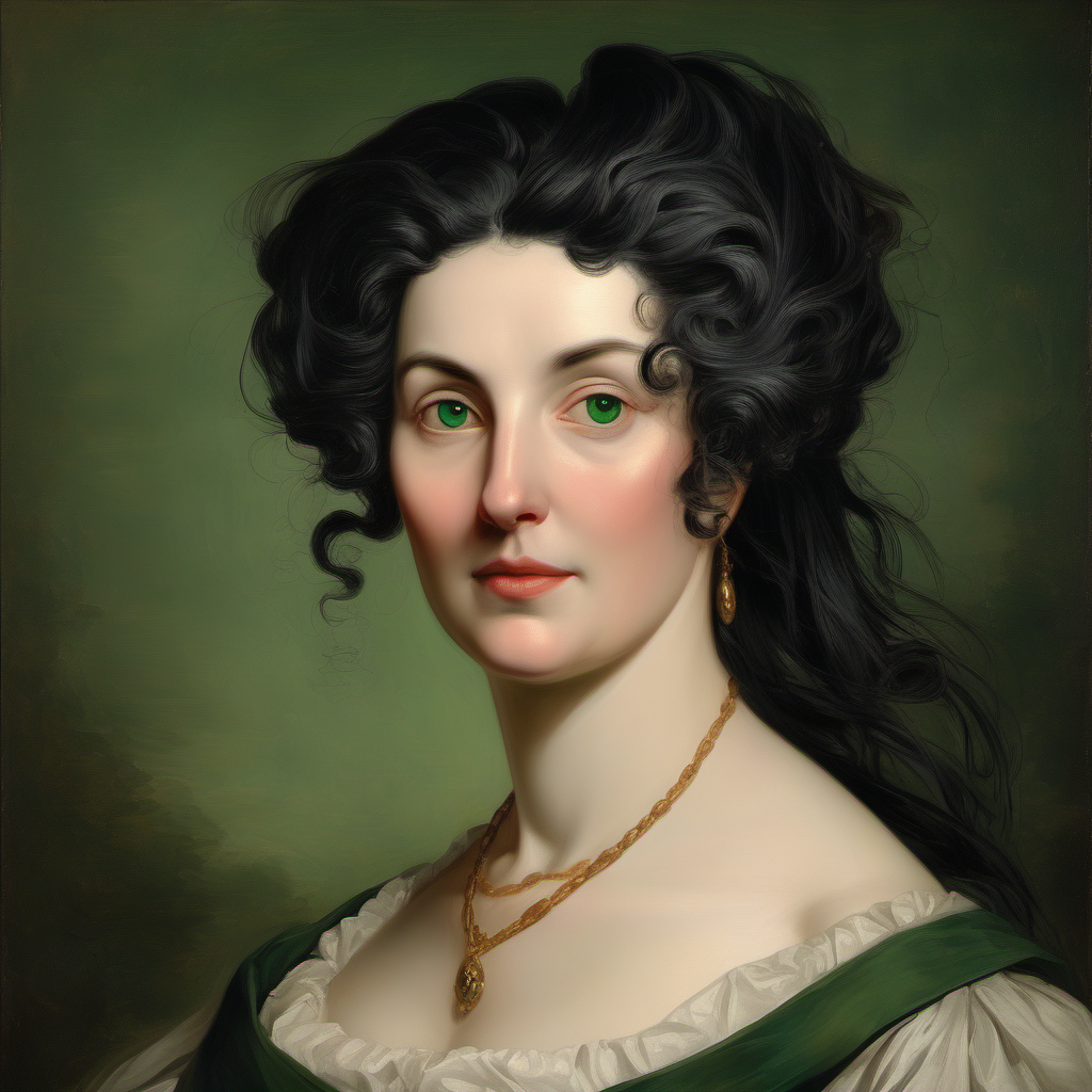 18th century beautiful older woman wild straight black hair deep green eyes 