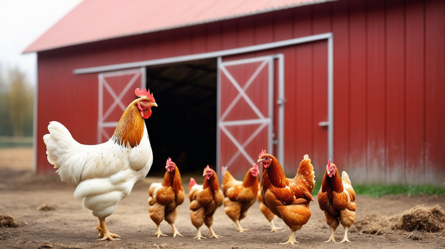 chicken farm barn outside with hen isolated on