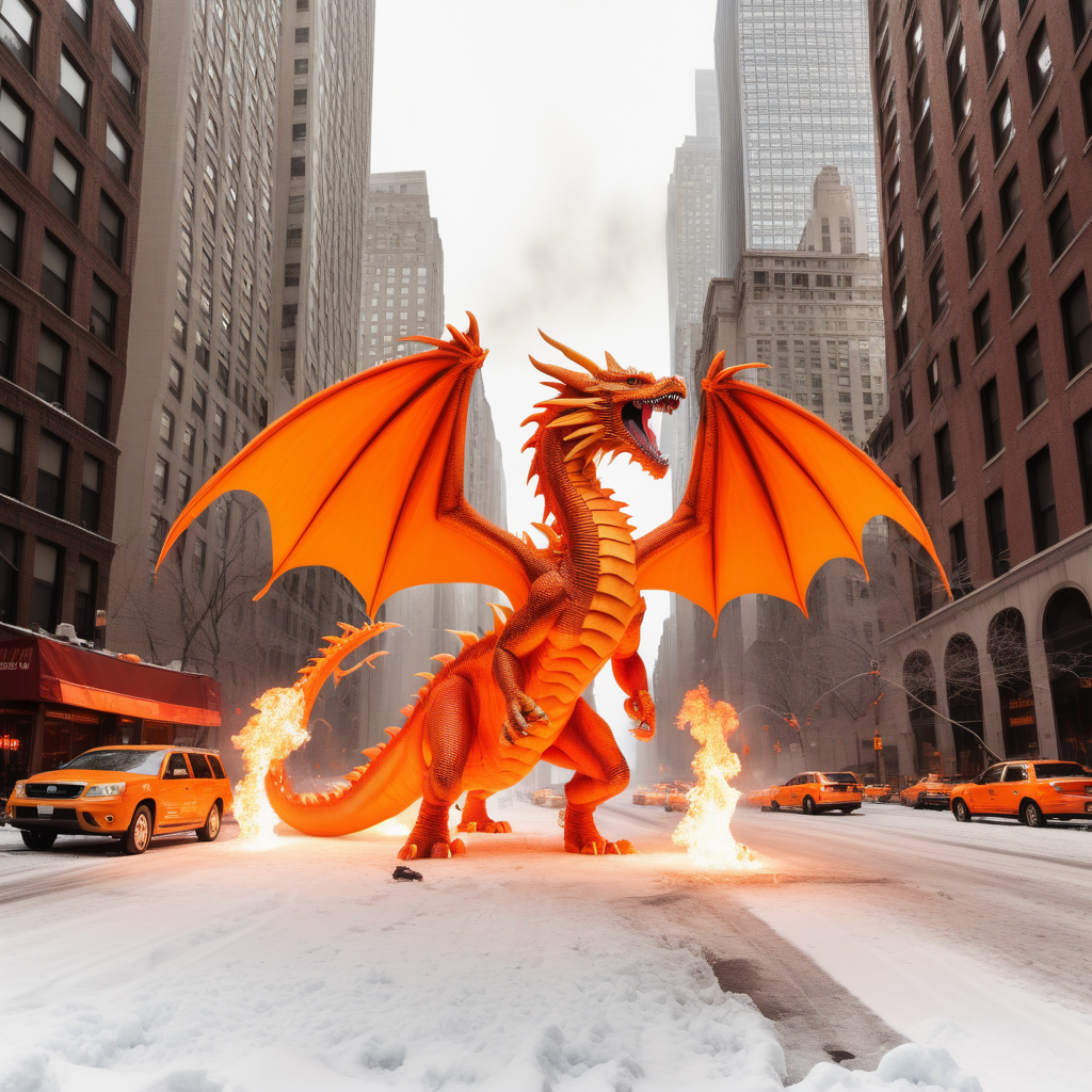 orange 2 headed fire breathing dragon destroying NYC in winter