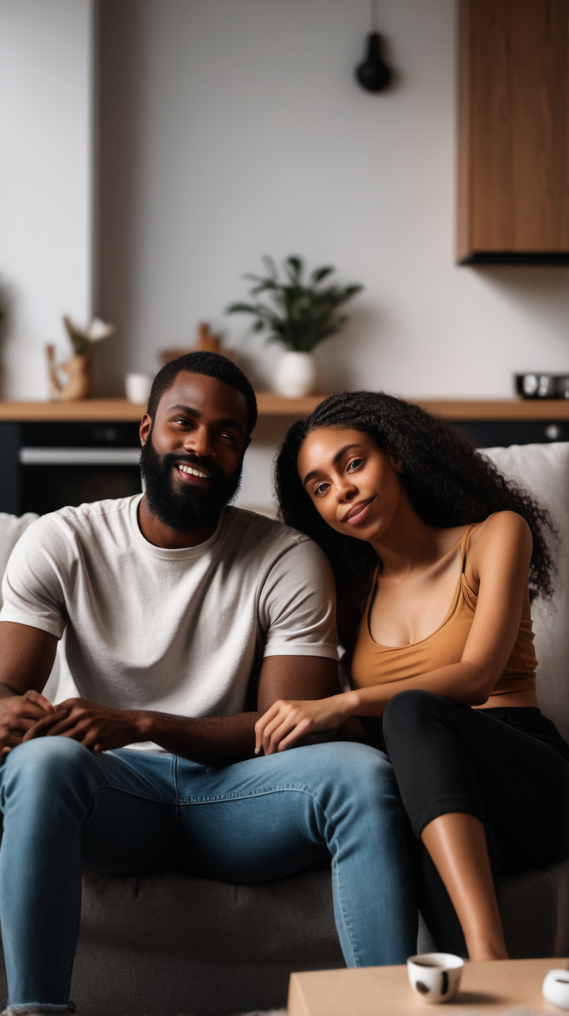 Black man with beard with Black Girlfriend chilling at home