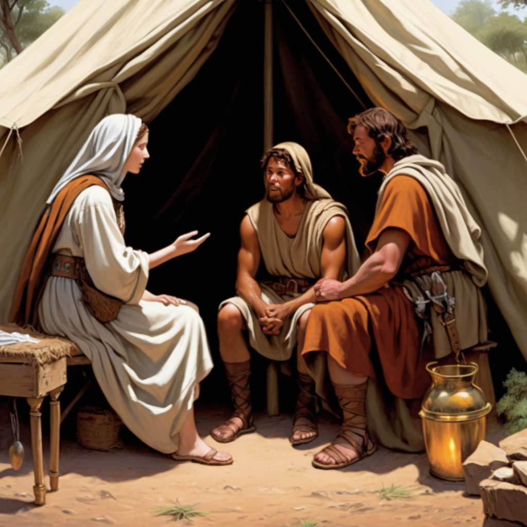 רִבְקָה מקשיבה לשיחתם של יצחק ועשו, שם הם מתכוונים לתת לו את ברכת הצייד לאחר שיחזור מהציוד. יצחק ועשו מדברים באוהל, ורִבְקָה מאזינה מחוץ לו.
