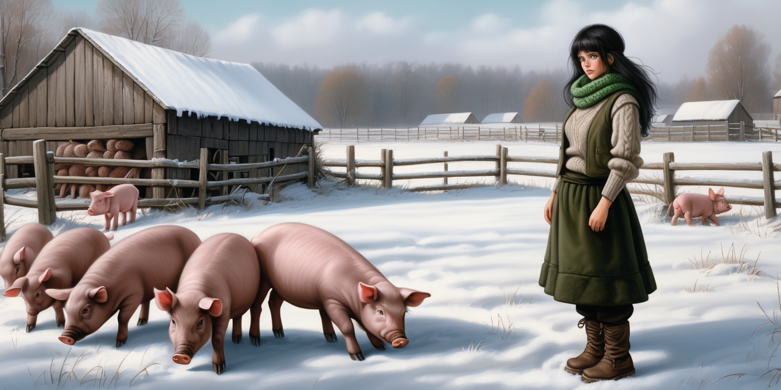 A beautiful peasant woman with long black hair and green eyes works in the pen in front of the barn. Around her are piglets - small and pink. Everything is in mud. The barn is surrounded by a fence of old wooden posts and wire mesh. It's winter, everything is covered with a thick layer of snow. Mud and snow mix. The peasant woman has put on low to the ankle black rubber shoe on her feet. Brown coarsely knitted woolen socks stick out from them - up to the middle of the leg and. On top of them, to keep her warm, she has put on green - brown, very wrinkled and crumpled woolen knitted gaiters. It is worn with thick elastic leggings, over it there is a shotr knitted skirt in black and brown. A chunky brown-gray wool sweater with a chin-high collar is snug around her. over it she wore an off-white furry sleeveless sweater with a triangle neckline. Above all this is a short  quilted waistcoat in green which is unbuttoned. On his head he wears a thick knitted woolen gray hat - an ushanka. He also has a thick scarf sloppily draped around his neck. He also wears gray knitted woolen fingerless gloves. across the waist, a thin hemp rope is wrapped 2-3 times. She is with tied on back hands with hemp rope around neck.