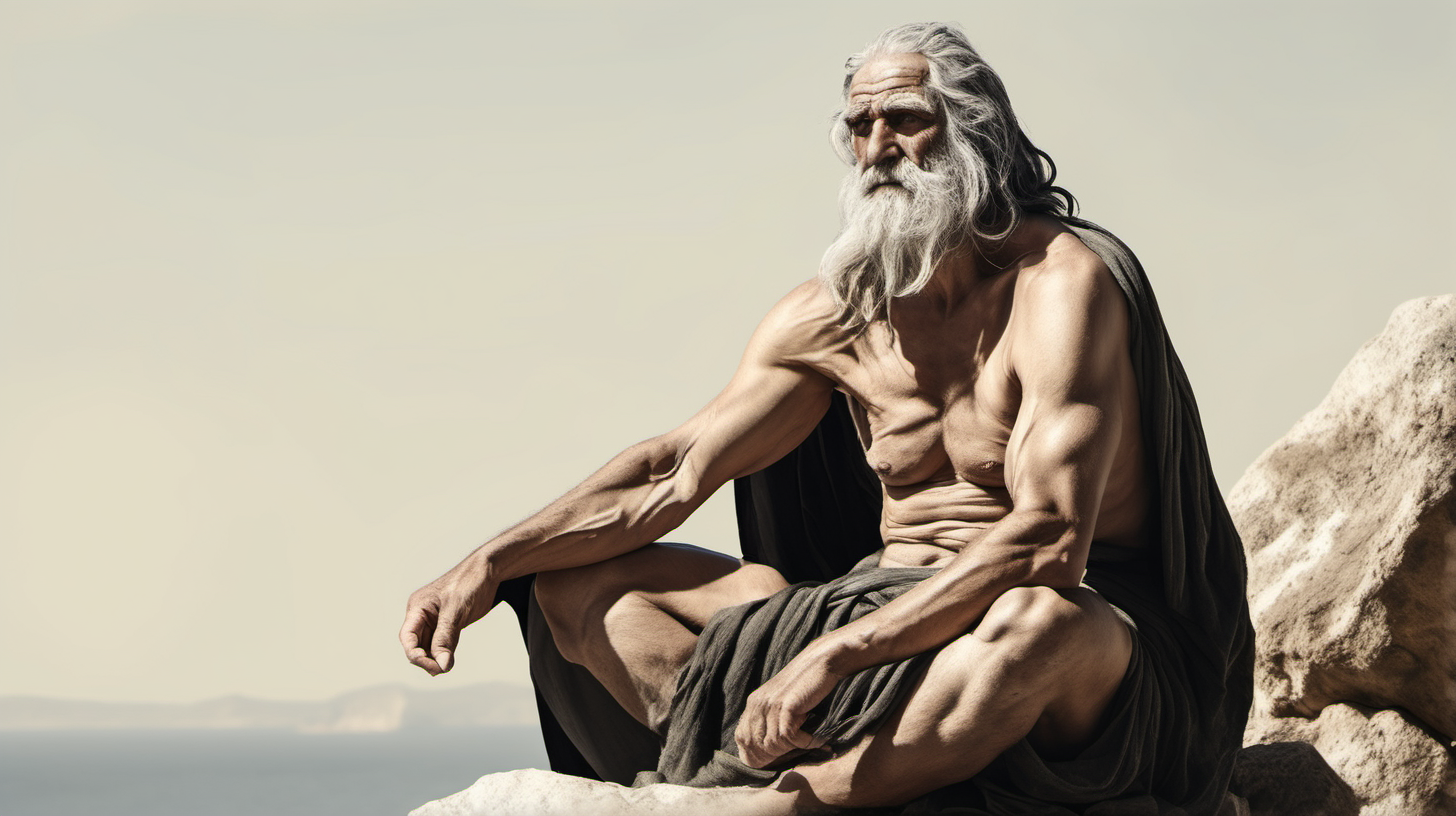 Ancient Greek Old man with muscles, long black hair on cheeks, only one cloth on right shoulder sitting on a rock 
