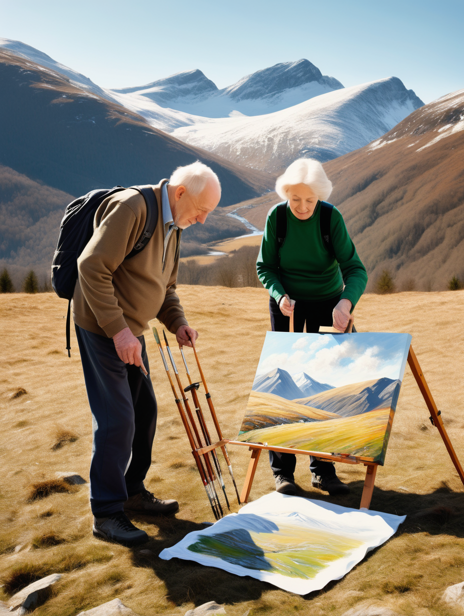 an elderly Caucasian husband and wife, hiking in the mountains, doing an oil painting of an Irish landscape on a large canvas, it is a sunny day. The couple are painting together. There is no snow to be seen in image. Art equipment is seen on the ground beside the couple
