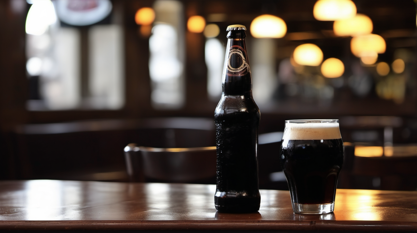bottle of dark beer and glass in a 
pub setting