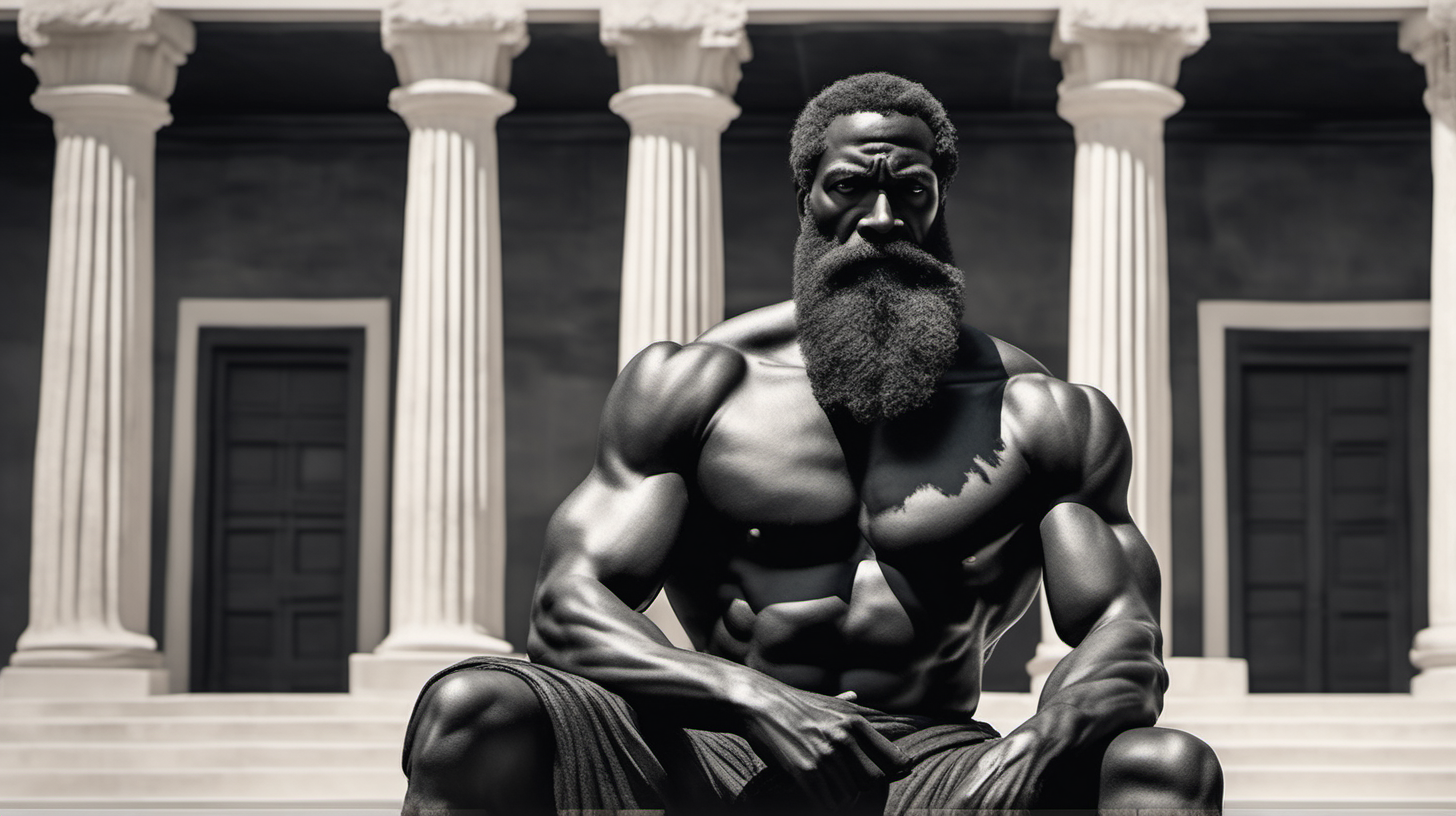 "Create a striking AI-generated image featuring an aged, muscular black man statue with a long beard, positioned in a contemplative pose as if deep in thought, against the backdrop of an ancient Greek-inspired black building. Capture the essence of history, strength, and contemplation in this unique visual narrative."