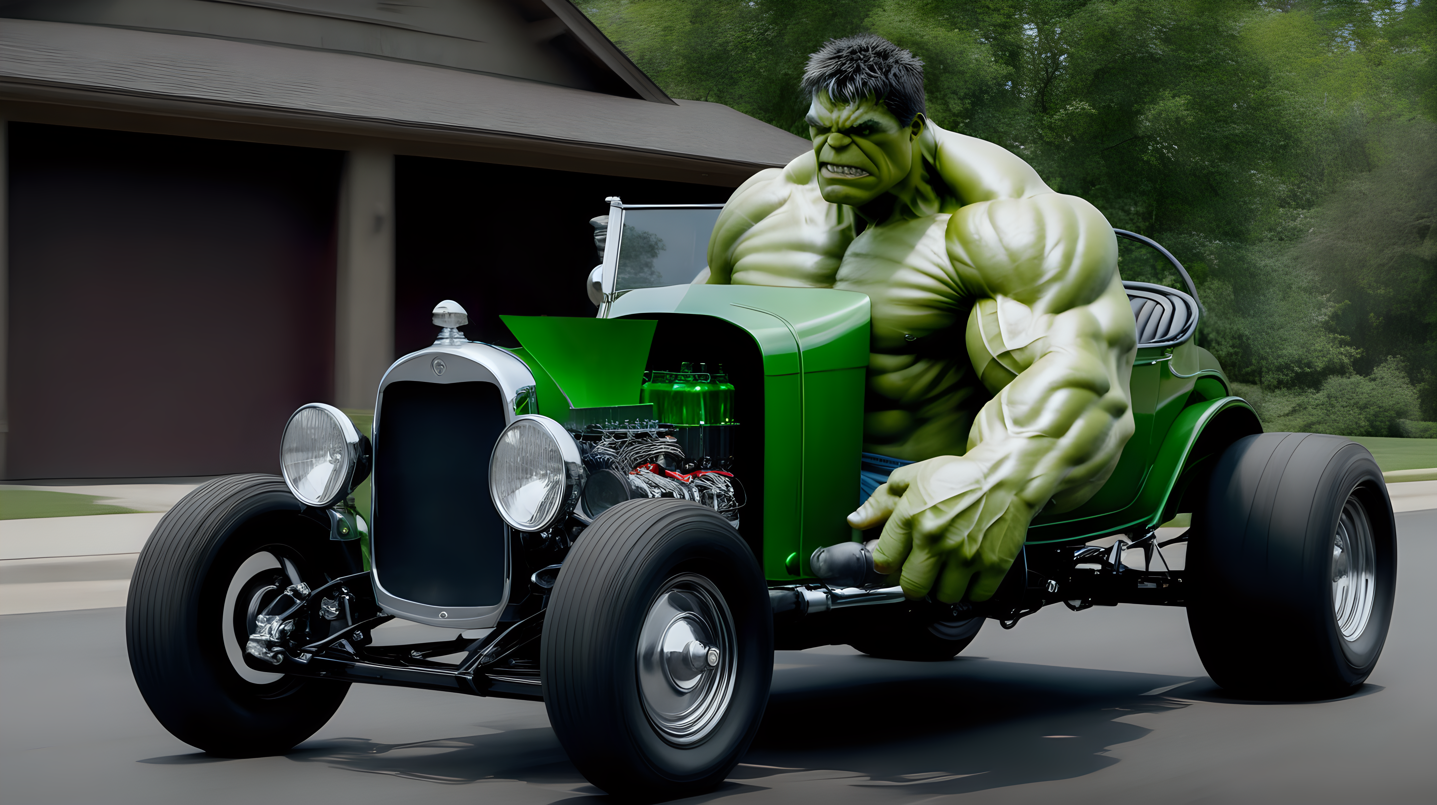The Hulk sitting on a 1920s roadster