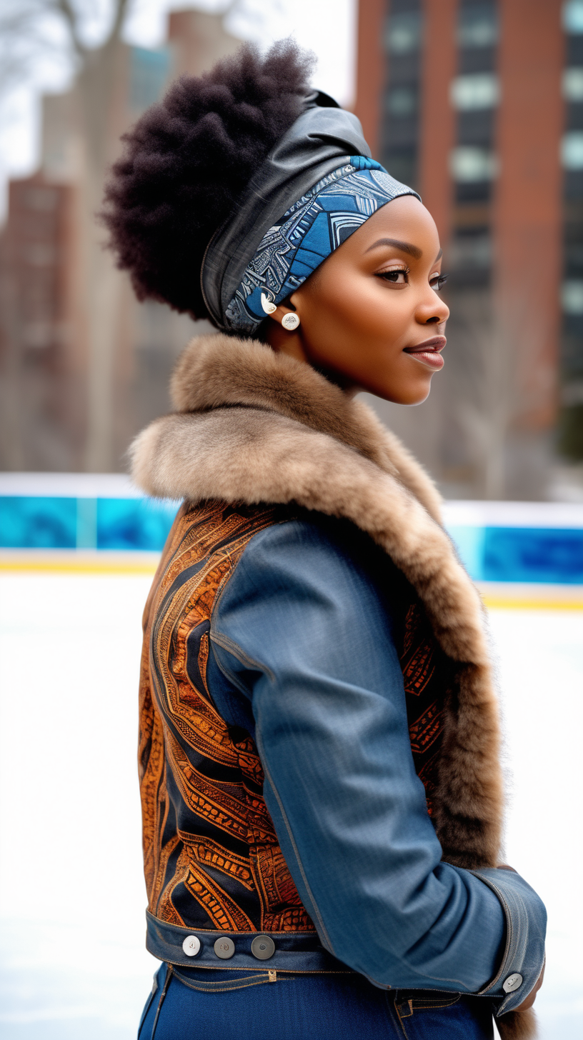 A beautiful black woman wearing an African printed fabric head wrap, Levi denim jacket, restyled into a three quarter length jacket, made of Obsidian, lambskin leather, with African printed fabric inserted in various places, show Front, Back, and Side views with stainless buttons, with a fluffy brown mink fur collar, standing at an outdoor ice skating rink, with grey and blue shades and hues in the background