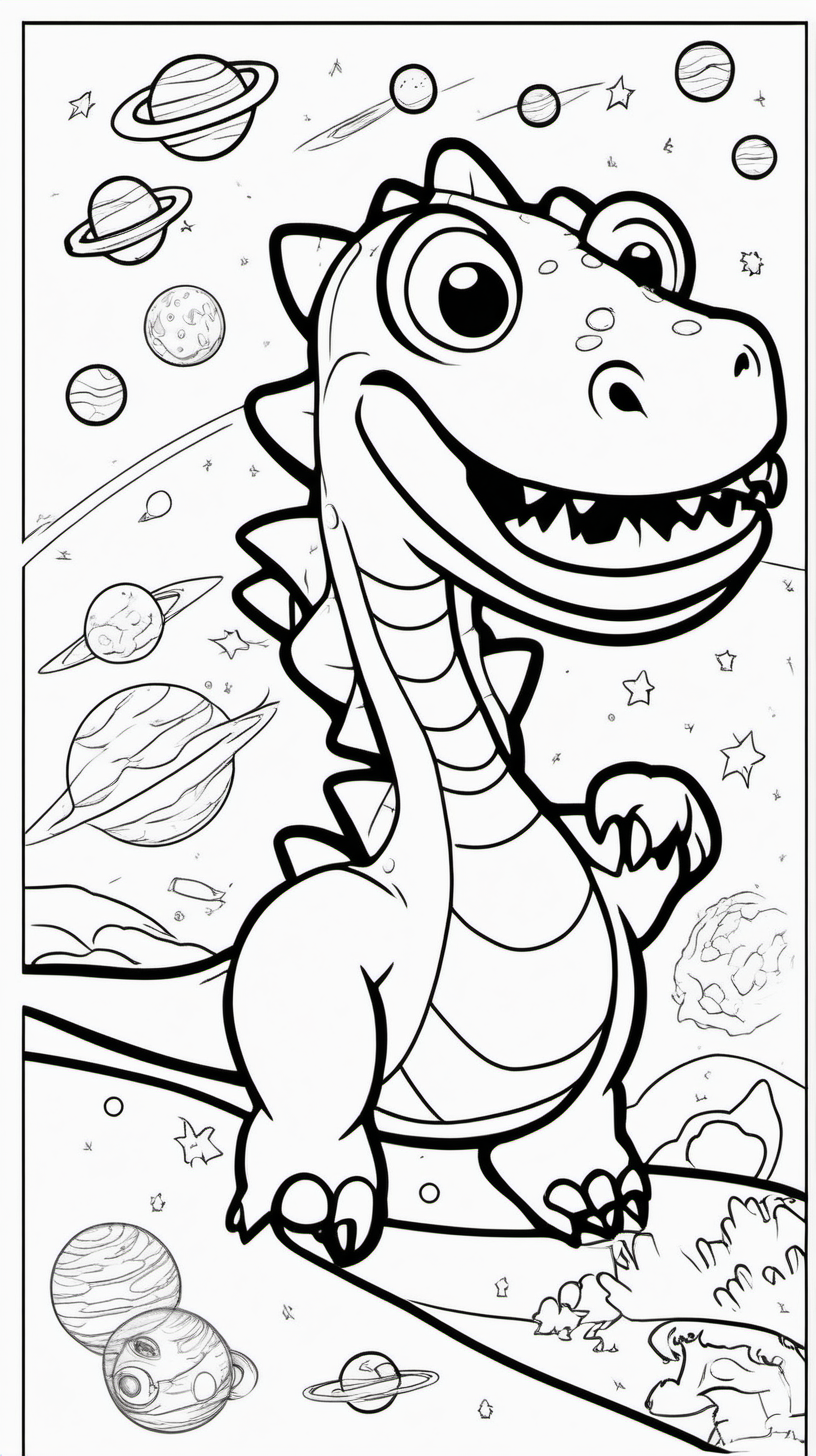 A funny coloring book for children about a dinosaur in space and planets. The background will be white and without shadows, and the drawing will be black with a thin line without shadows