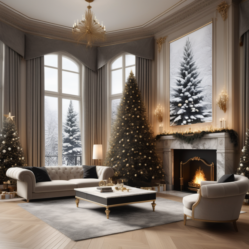 A hyperrealistic image of a grand, large,  Modern Parisian lounge room at christmas time in a beige oak brass and black colour palette, with a large snowy balsam fir christmas tree in the corner of the room, a marble fireplace alight, a large cosy sofa, floor to ceiling windows with snow falling outside