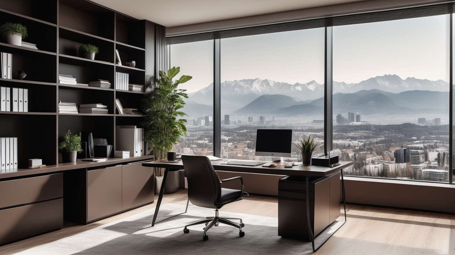  a big cabinet with  well organised workbooks and deco, Financial director modern desk with small plant and financial reports and calculator and glasses, professional, Efficiency, contemporary design, dynamic city, beside a big horizontal window with a panoramic view of a Urban panorama with montains,  deep brown and black colors and tones and light tones, touches of light, minimalist, Financial director, warm and elegant style, financial,--ar 5:3