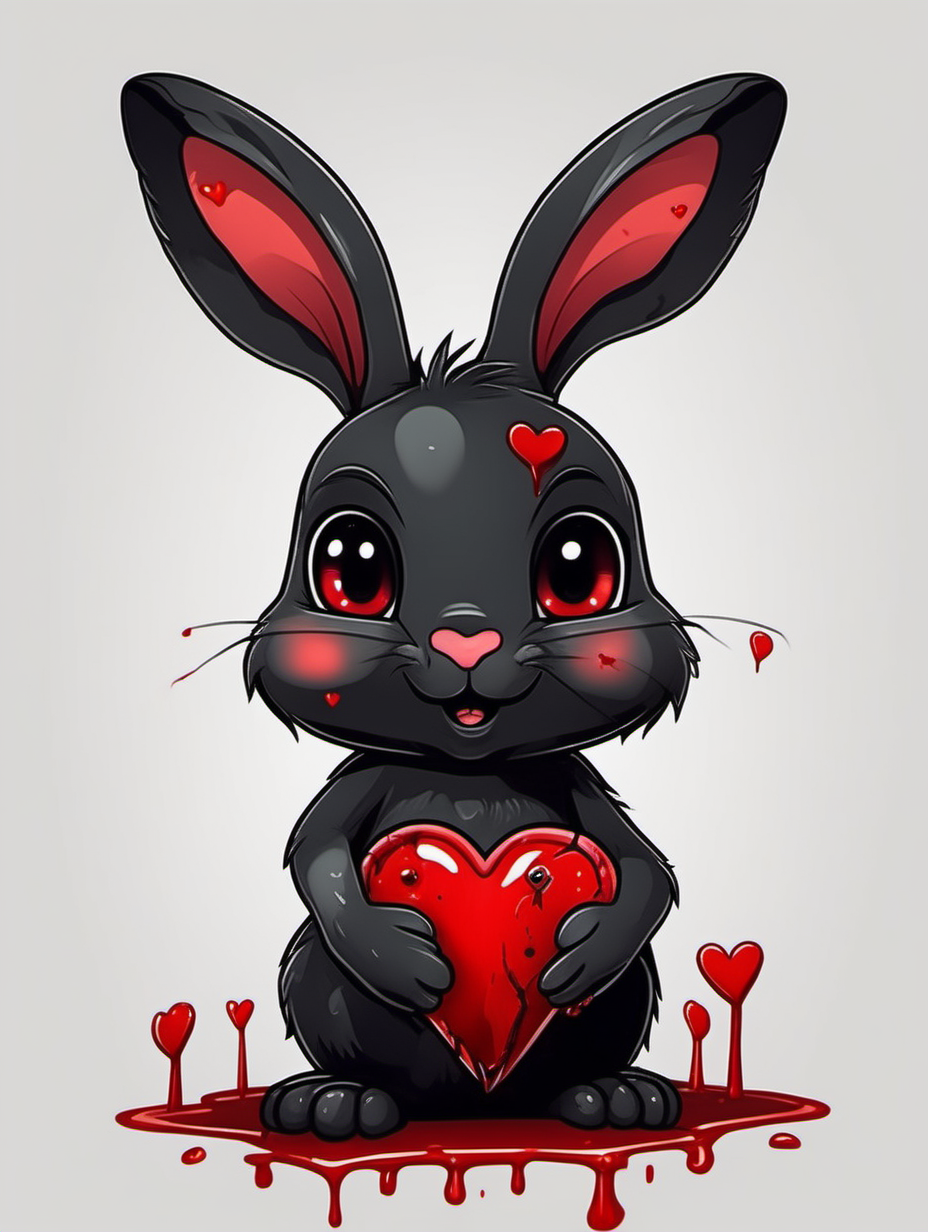 cute cartoon black bunny holding a bloody realistic heart

