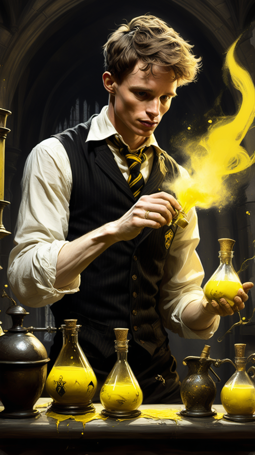 Create a dark fantasy art illustration,  frank frazetta style, of Eddie Redmayne, as a Hogwarts Hufflepuff House student mixing potions.