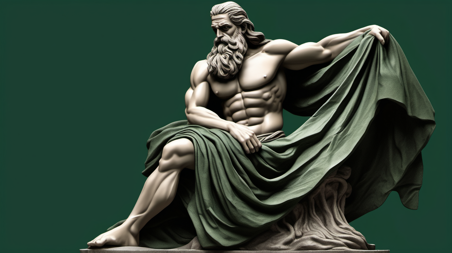 Create a visually stunning and detailed AI-generated image of a Greek-inspired old man statue sitting on stones carved from dark green stone, featuring muscular physique, long flowing hair, a beard, and draped in a single cloth that elegantly hangs from one shoulder."
also dark green background.