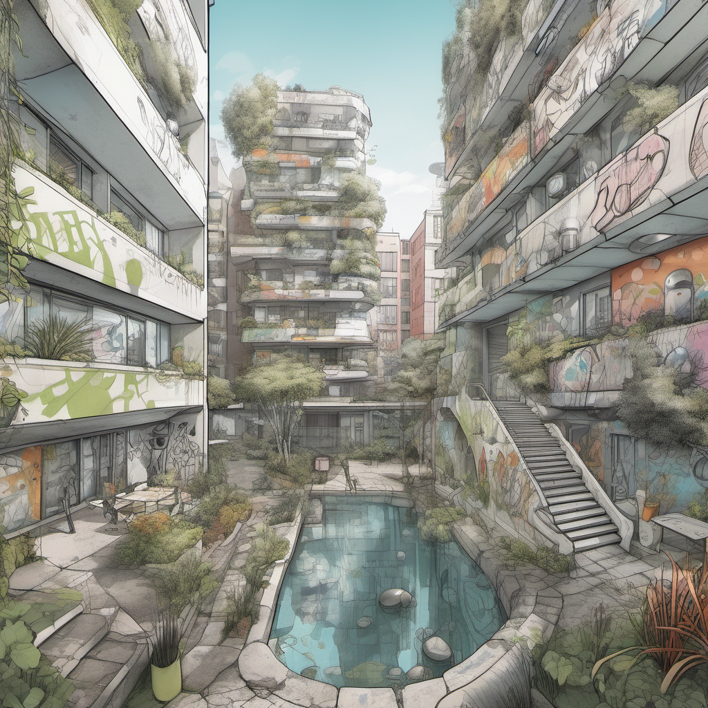 A futuristic sketch of an urban oasis with murals and grafitti in between apartment buildings