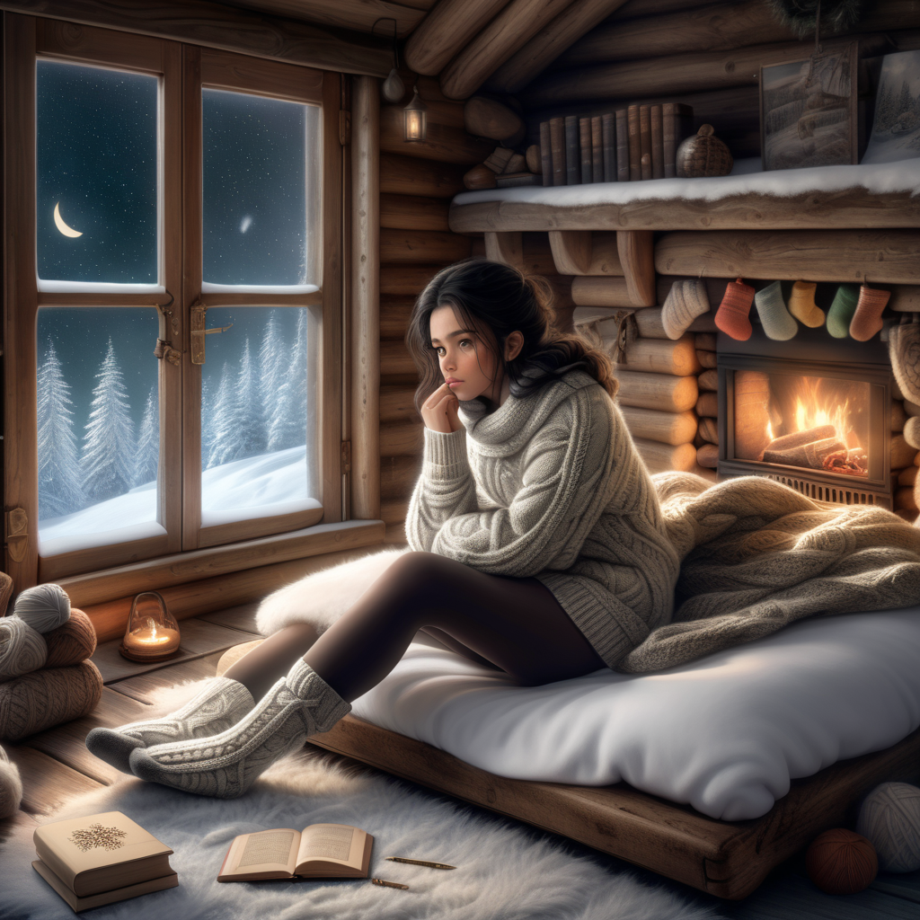 Deep winter and lot of snow outside. Its dark night - only yellow moon on sky and few blinks of light in the snowy tree crowns. Inside cozy wooden winter cabin hot girl with black hair and green eyes lay on wooden low bed covered with brownish soft and mossy lamb skin. There is a big and hot stone fireplace.  Bed is covered with knitted woolen blankets in brown and white. Girl wearing black leggings tights, wrinkled knitted white and brown woolen socks. White without sleeves thick and coarsely woven sweater, knitted woven handmade slippers. Around laying some sci-fi books, unfinished knitted socks - many pairs. Near the wooden door with small windows are thick rubber boots, shotgun, shells, big knife.