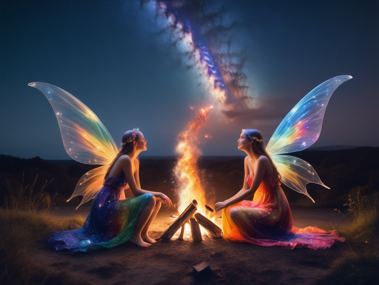 hyperrealistic photograph of 2 female fairies with large colourful transparent wings and a colourful open front loose dress sitting next to a fire under a starry sky looking at the milky way galaxy on the moon