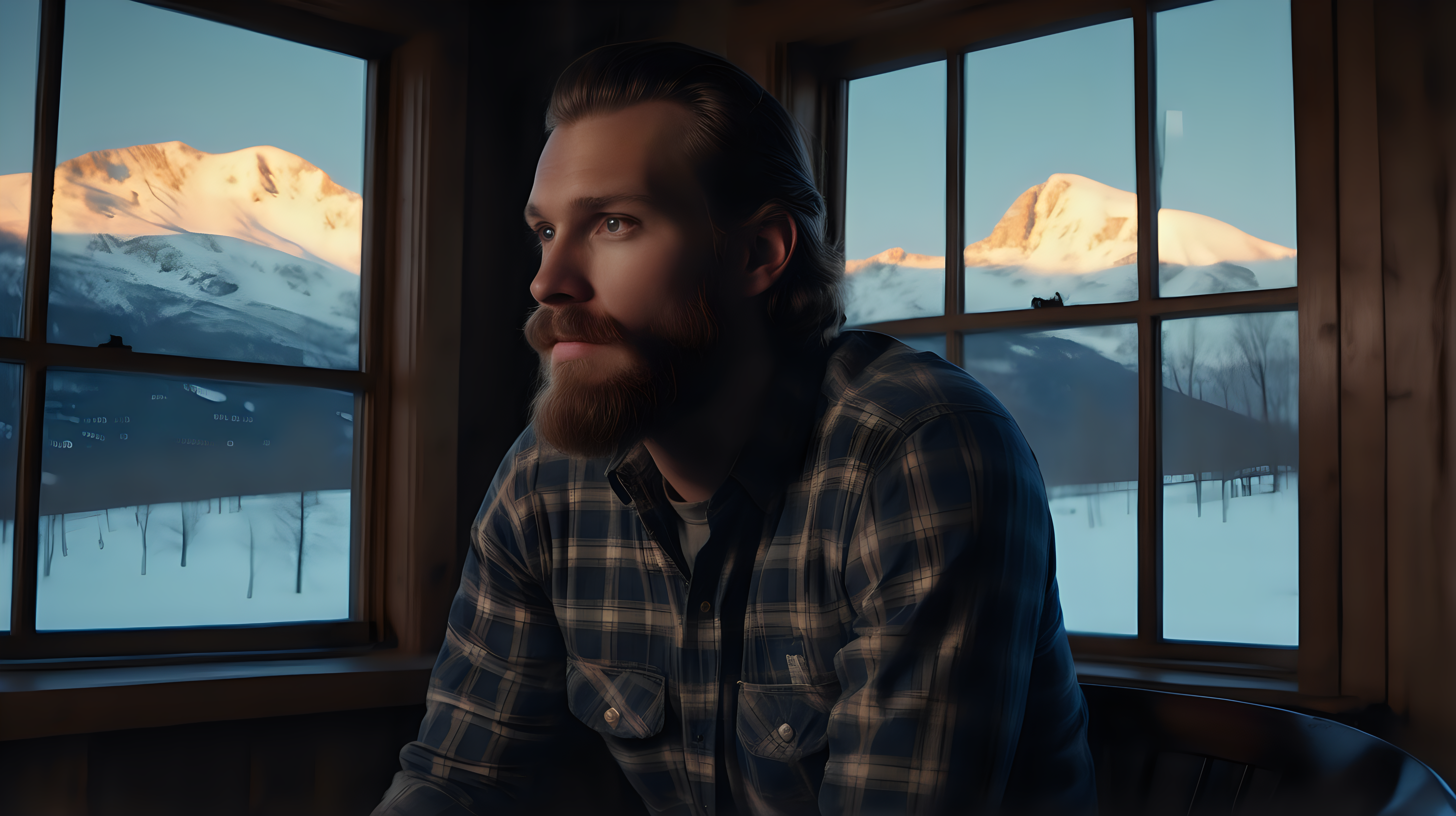 The photo is taken in a mountain house. a handsome man is sit on a chair near the window (we can see the snow mountains at a distance) and a chimney, he's got his back to the camera. he is wearing a plaid shirt and jeans. he has long brown hair and a beard. he is looking back at the viewer with a sugestive look (almost inviting us to be there). outside it is night and snowy. The lighting in the portrait should be dramatic. Sharp focus. A perfect example of cinematic shot. Use muted colors to add to the scene. 