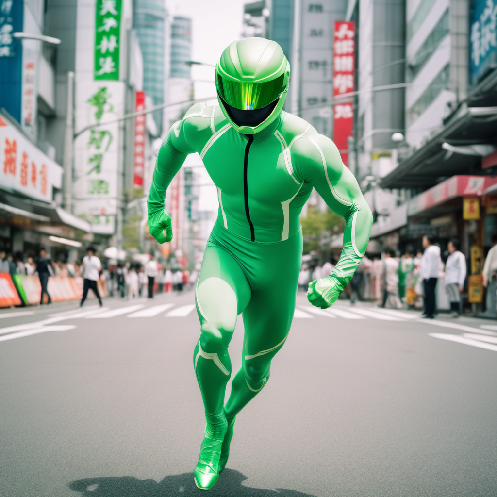 muscular man, full body pale melon green skintight suit, closed sentai helmet with visor, high speed sprinting, shooting green energy blast, street, Japan, day