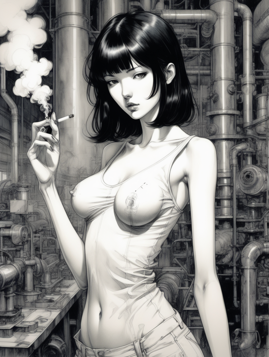 Girl black hair pale slender is smoking looks