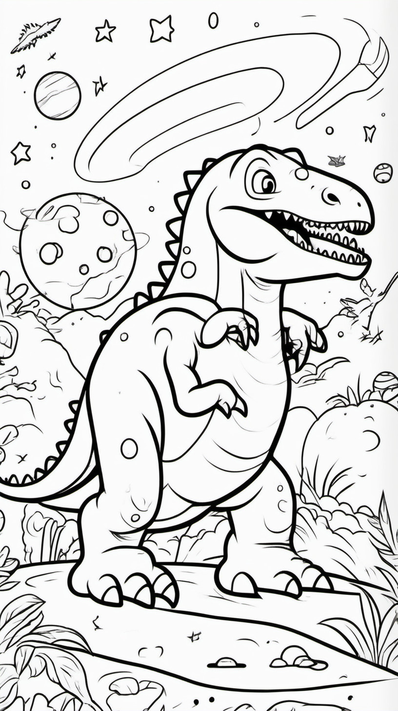 children's coloring book about a dinosaur in spacl with cut kid background white and cartoon style line draw black  no shadow 