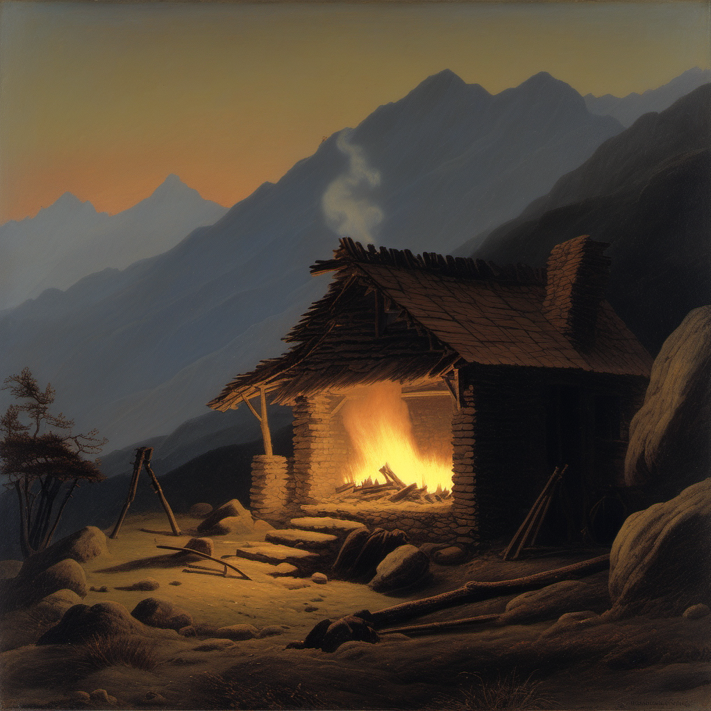 A small fire in front of a hut in the mountains around Dharamshala at dusk, Caspar David Friedrich oil painting
