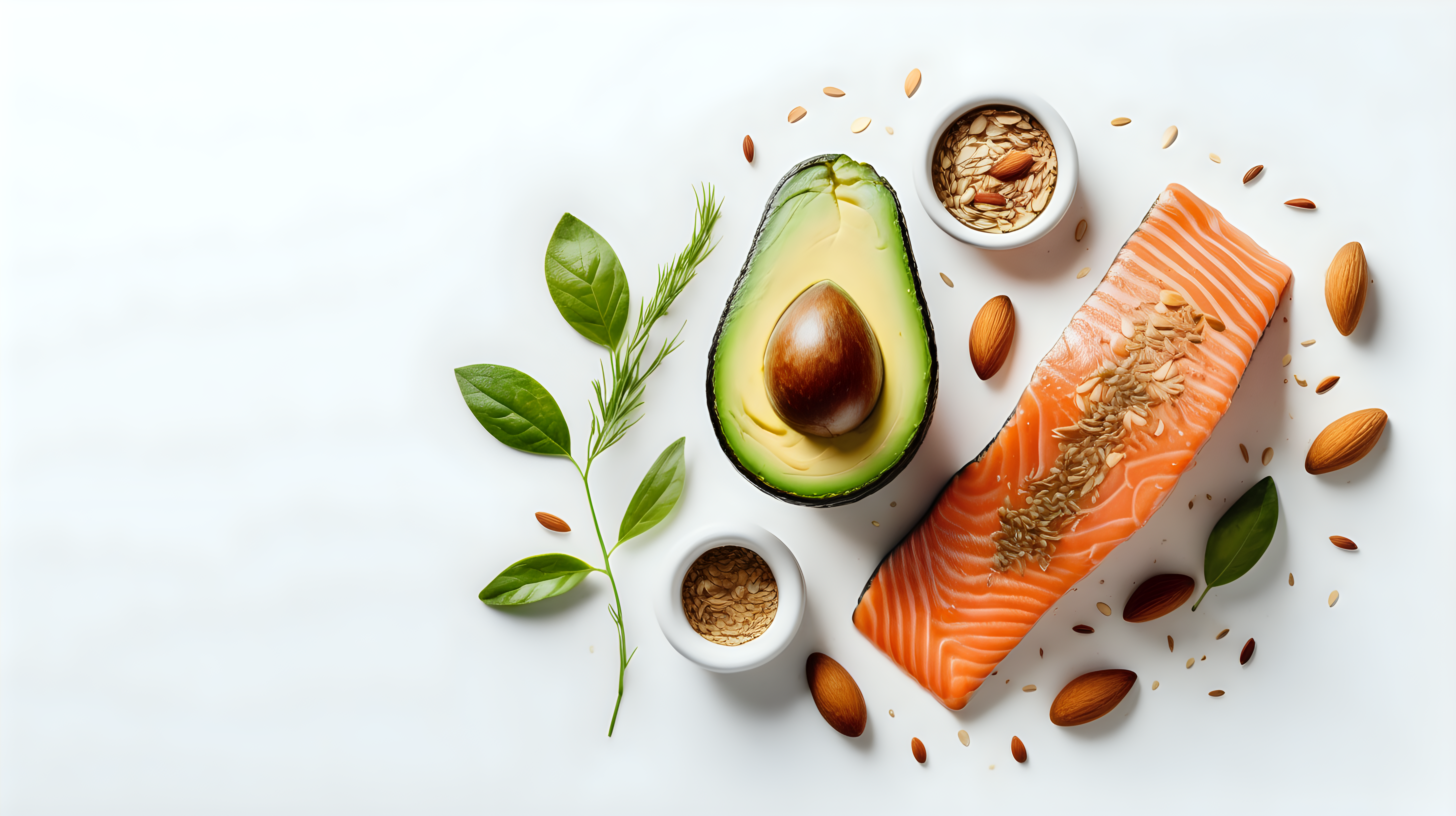 avocado and almond,flax seed oil salmon on white background, copy space