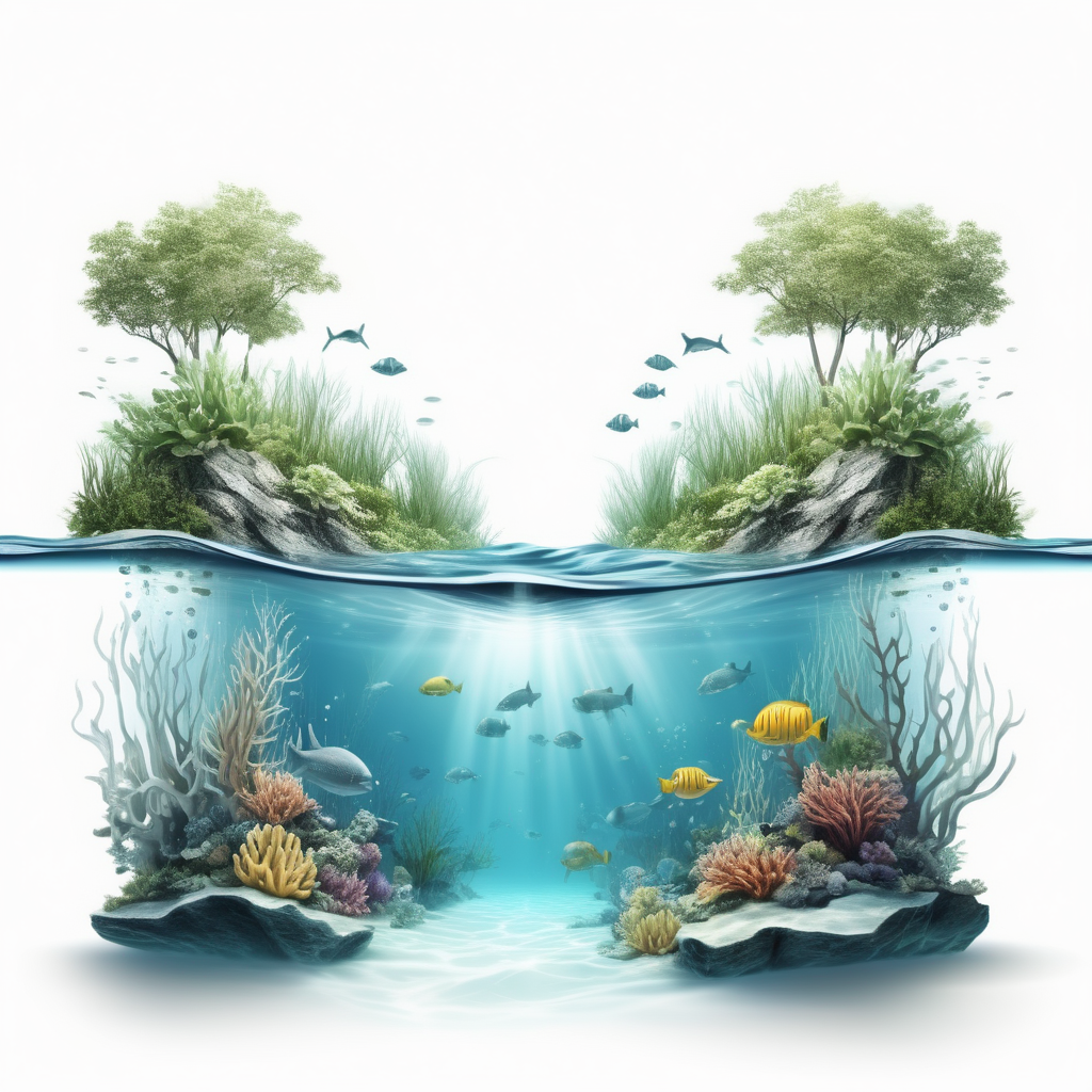 Bílé pozadí_Vytvoř realistickou ilustraci _vyjadřující prostředí nad vodou_a pod vodou