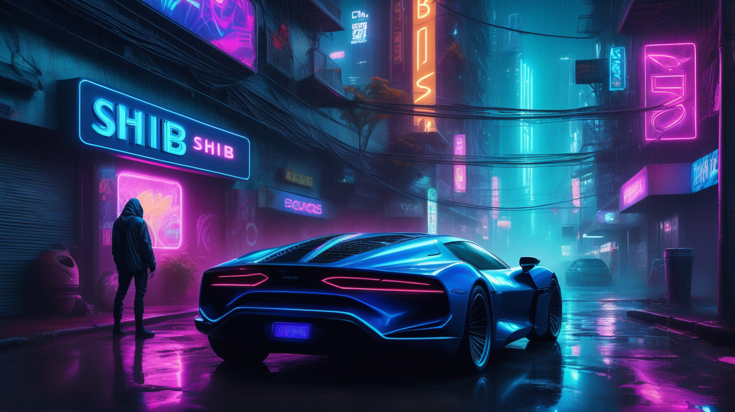 "A hyper-realistic photograph depicts a cyberpunk rendition of a future metropolis at night. The scene centers on a hooded figure, exuding an aura of mystery, standing by a futuristic sports car that gleams with metallic hues under the ambient neon lights. Above in the dense urban jungle, neon signs cut through the misty air, with the word 'SHIB' prominently displayed, signifying the cryptocurrency's integration into the fabric of society. The rain-slicked streets reflect the myriad of neon, including the bright 'SHIB' logos that illuminate the surroundings with a cool electric blue, adding depth and brilliance to this nocturnal urban landscape."

