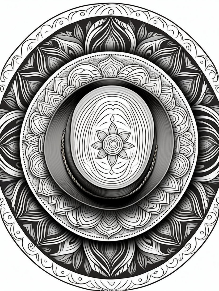 cowboy hat inspired mandala pattern, black and white, fit to page, children's coloring book, coloring book page, clean line art, line art, no bleed