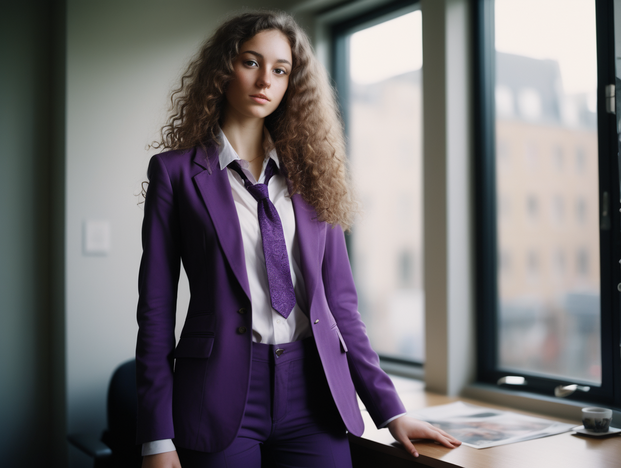 A beautiful slim british woman in her twenties with long curly hair , wearing a purple blazer and tie, sexy,  in her office, with art all over the walls in the morning, delicate hands, detailed face, detailed skin, detailed hands, thighs visible, photorealistic, gravure, AV, pro photography, slide film, photo book, window light, full body shot, soft body, window light, film grain, 35mm, stretch marks, cinematic