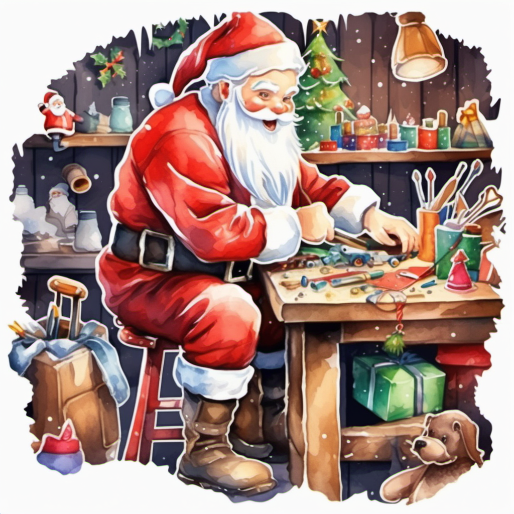 Sticker, Santa Claus in His Workshop, Crafting Toys 
for Christmas, watercolor clipart, vector image, flat 
white background