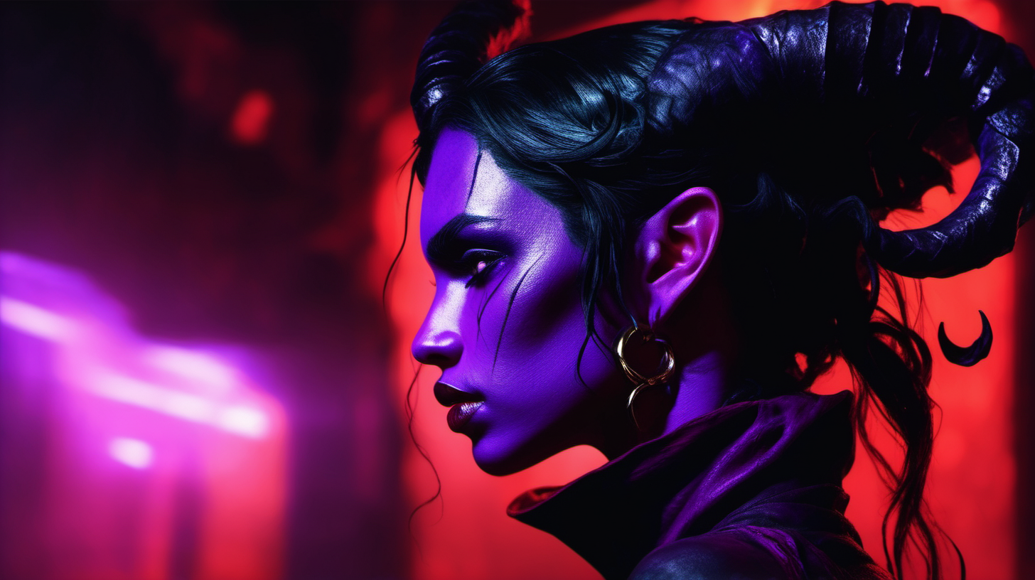 a beautiful female tiefling with purple skin with black hair in profile, lit by red light underground