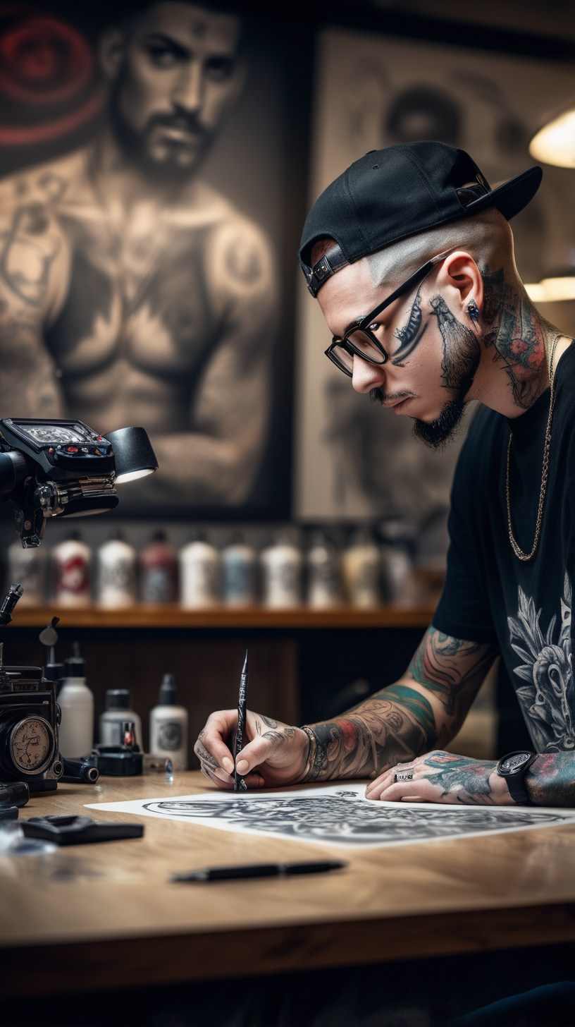 /imagine prompt : An ultra-realistic photograph captured with a canon 5d mark III camera, equipped with an 85mm lens at F 1.8 aperture setting, portraying a tattoo artist drawing a tattoo flash on desktop
<location>tattoo shop
The background is beautifully blurred, highlighting the subject.

The image, shot in high resolution and a 16:9 aspect ratio,  –ar 9:16 –v 5.2 –style raw
